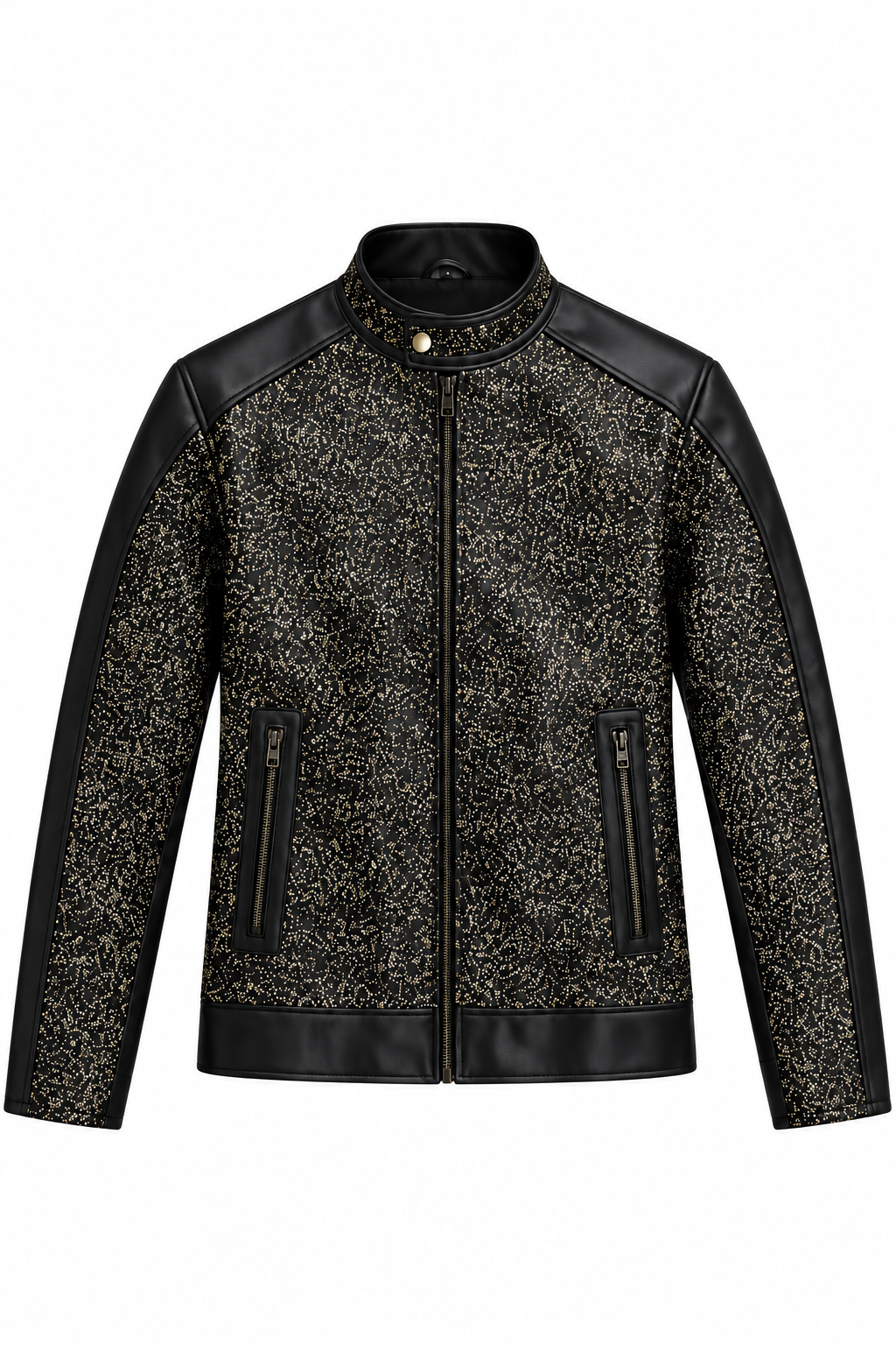 BLACK GLITTER VEGAN LEATHER JACKET