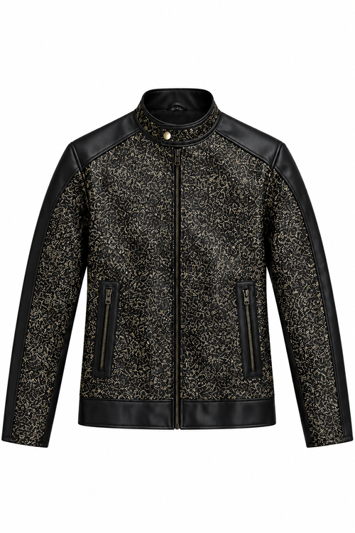 BLACK GLITTER VEGAN LEATHER JACKET