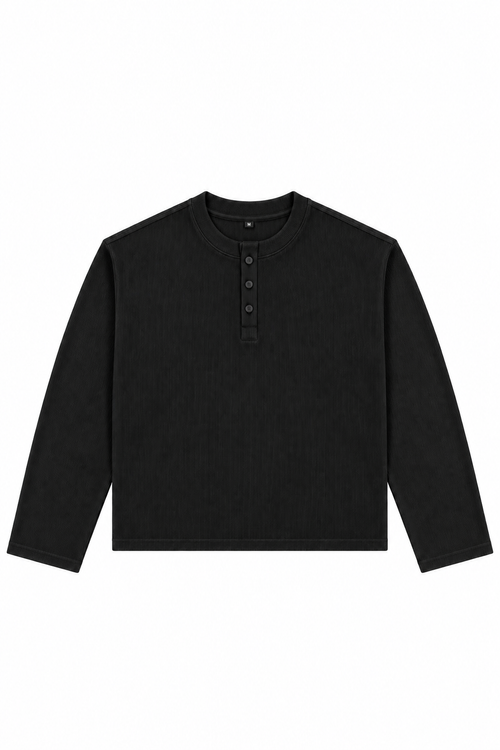 BLACK HENLEY WAFFLE